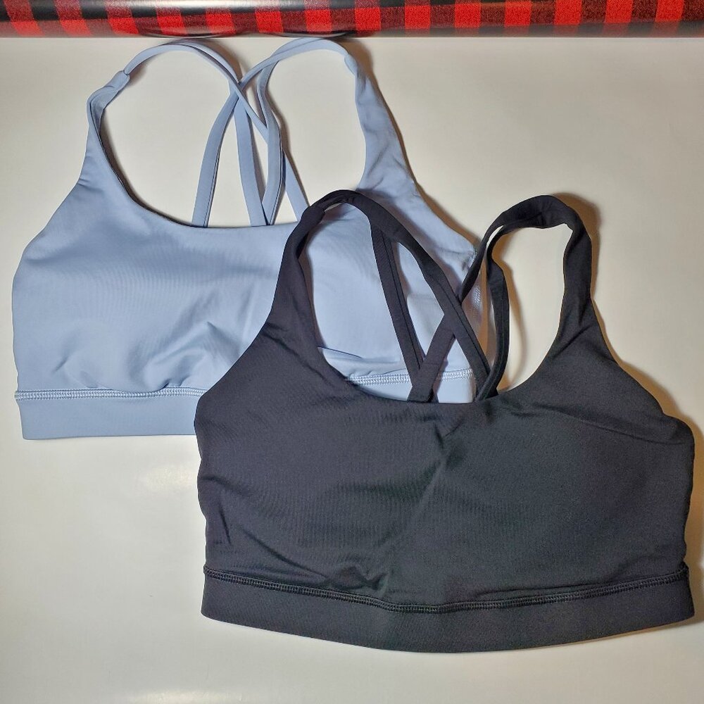 2 Pack Lululemon Energy Bras 1 Black 1 Blue Linen Size 6 Med Sup size B, C cups